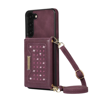 Crossbody Strap Bling Glitter Leather Flip Case for Samsung Galaxy S23, Red