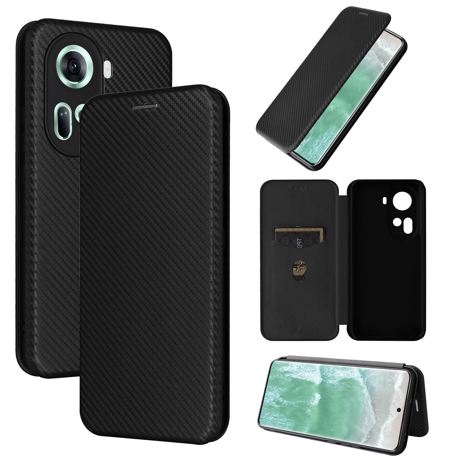 Carbon Fiber Flip Case for OPPO Reno11 5G, Black