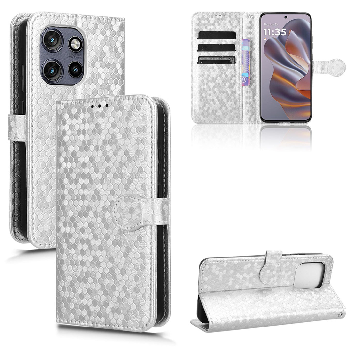 Slim Flip Polka-Dots Phone Case with Card Holder for Motorola Edge 50 Neo, Silver