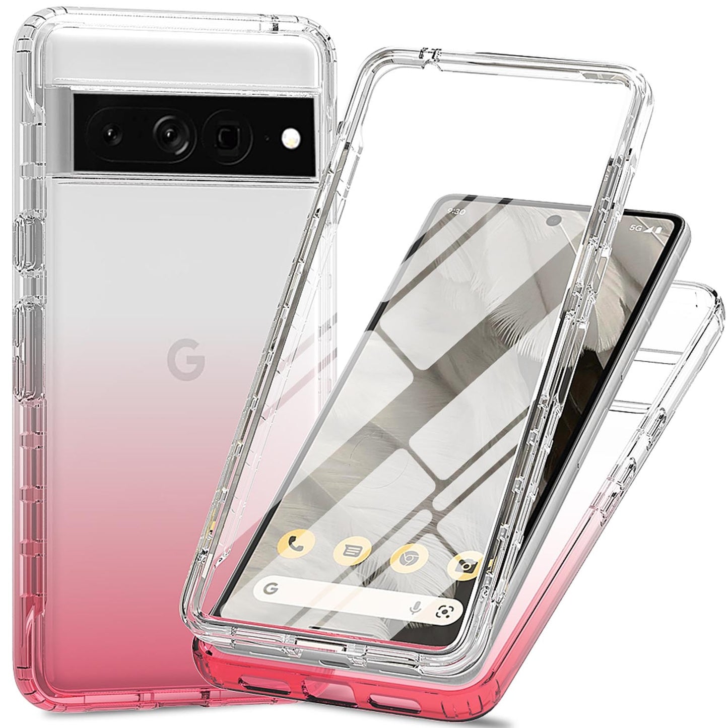 Gradient Clear Shockproof Full Body Case with Built-in Screen Protector Cover for Google Pixel 8 Pro, HALF-RED