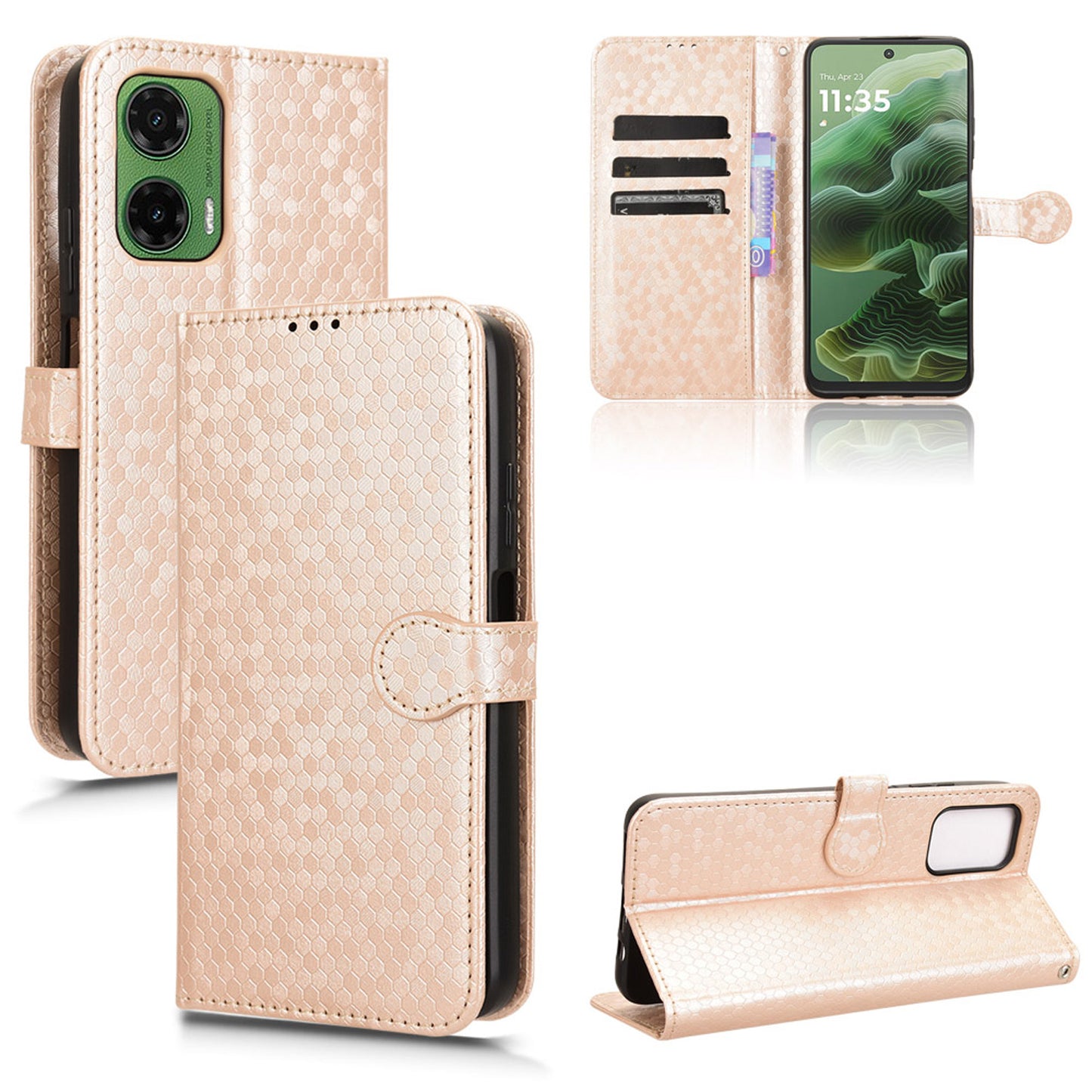 Slim Flip Polka-Dots Phone Case with Card Holder for Moto G35 5G, Rose Gold