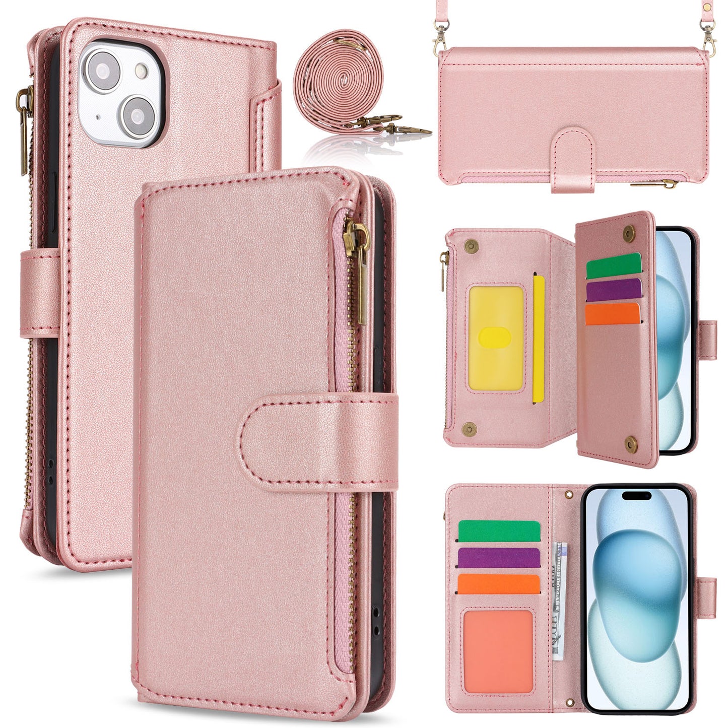 for iPhone 15 Wallet Case with RFID Blocking, Rose Gold