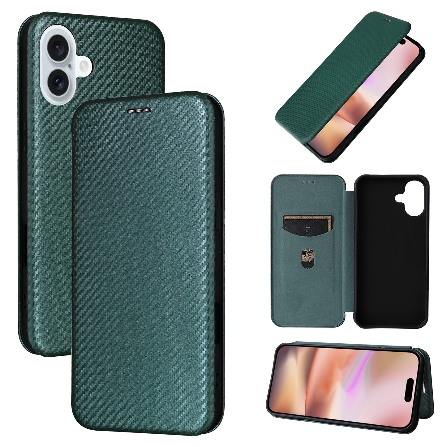 Carbon Fiber Flip Case for iPhone 16, Green