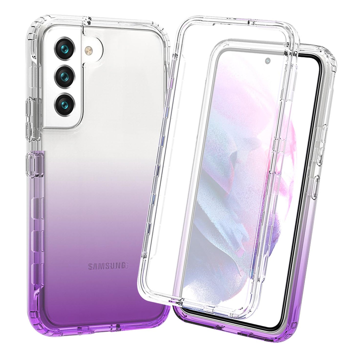 Gradient Clear Shockproof Full Body Case with Built-in Screen Protector Cover for Samsung Galaxy S22+, HALF-PURPLE