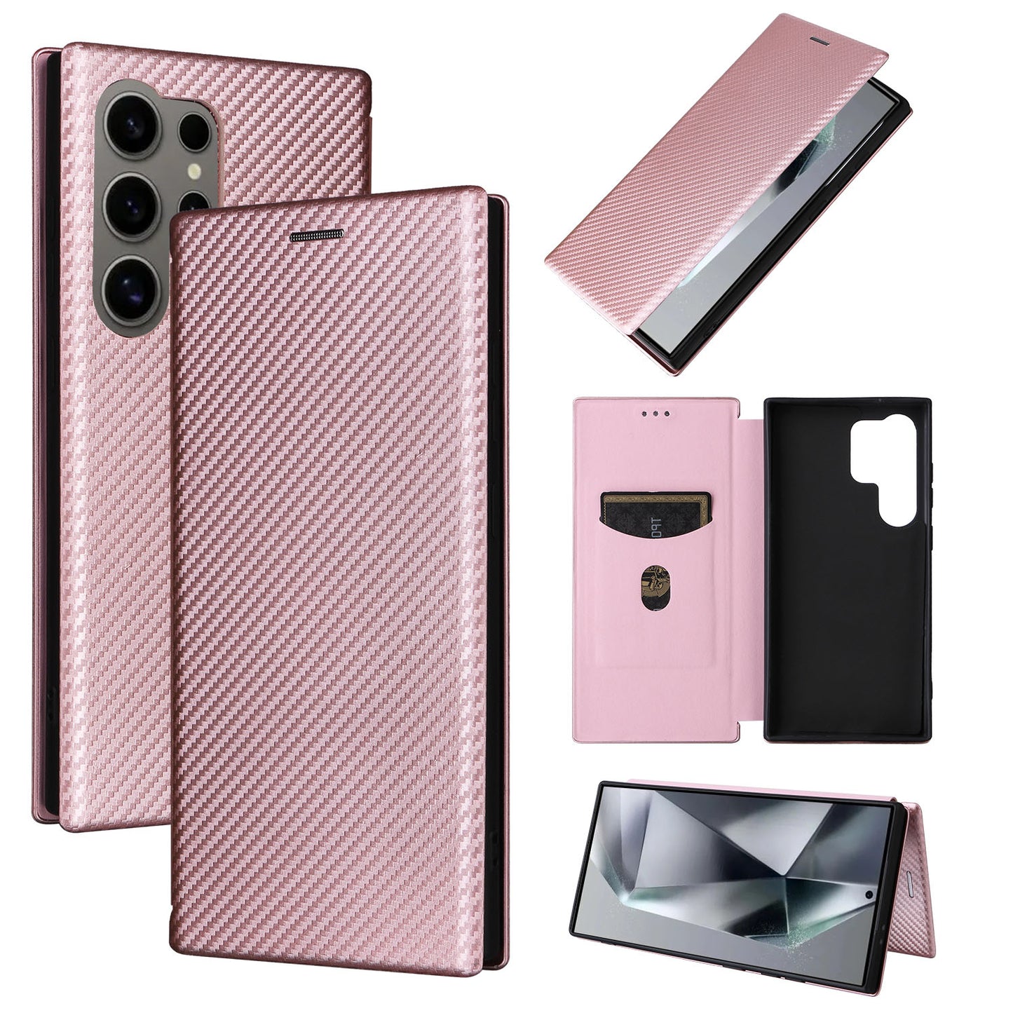 Carbon Fiber Flip Case for Samsung Galaxy S24 Ultra, Rose Gold