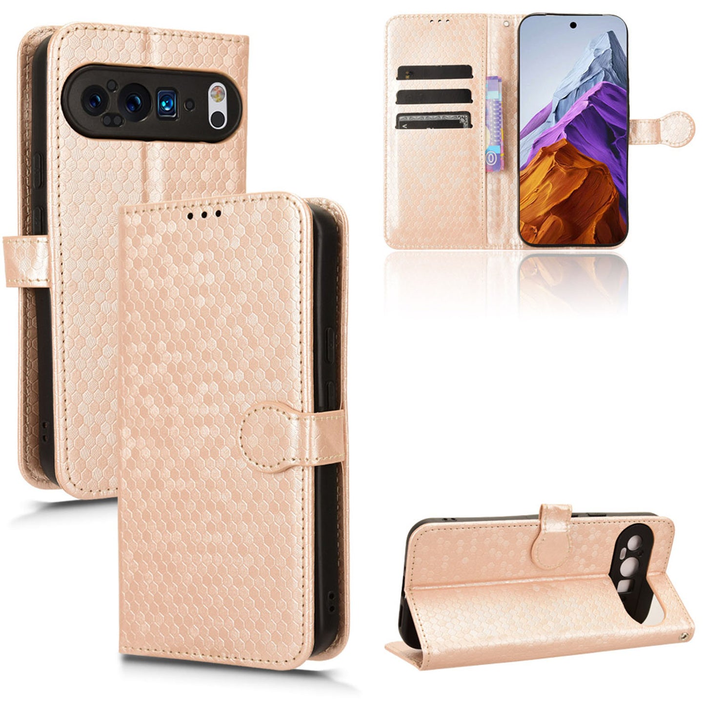 Slim Flip Polka-Dots Phone Case with Card Holder for Google Pixel 9 Pro XL, Rose Gold