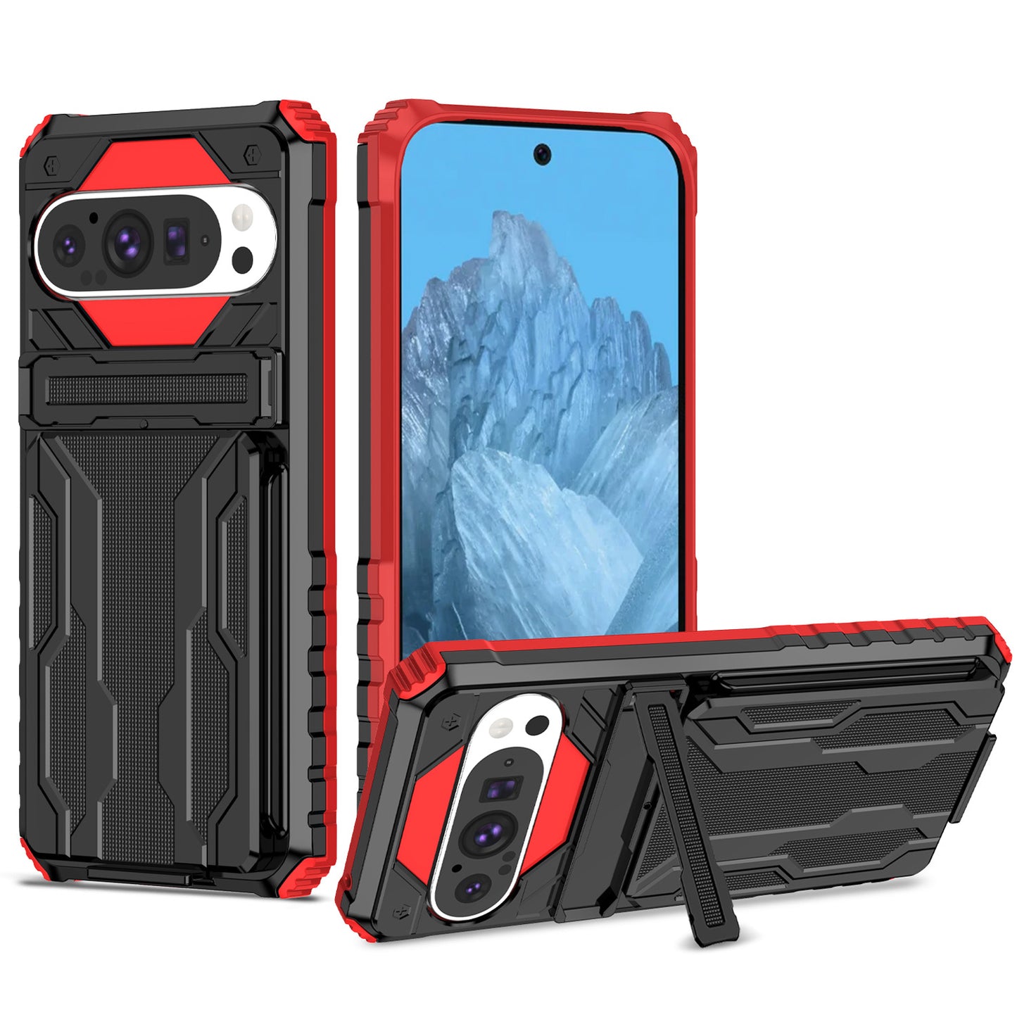 Detachable Card Holder Case with Kickstand Heavy Duty Cover for Google Pixel 9 Pro, Red