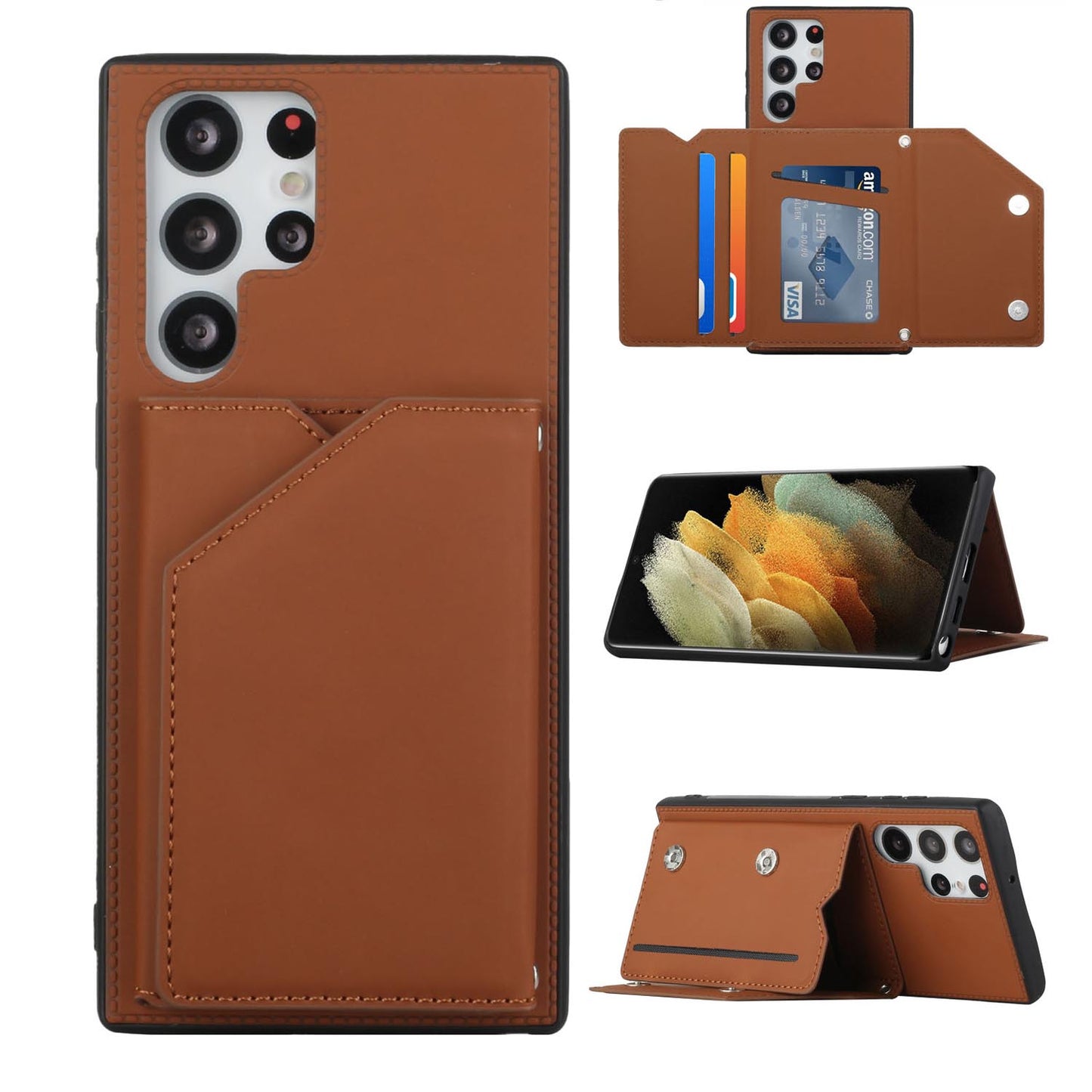 PU Leather Flip Shockproof Protective Cover for Samsung Galaxy S23 Ultra, Brown