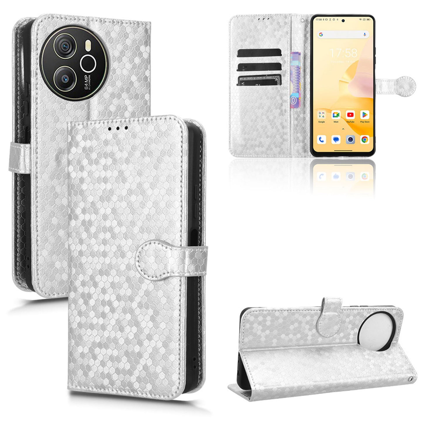 Slim Flip Polka-Dots Phone Case with Card Holder for Blackview SHARK 8, Silver