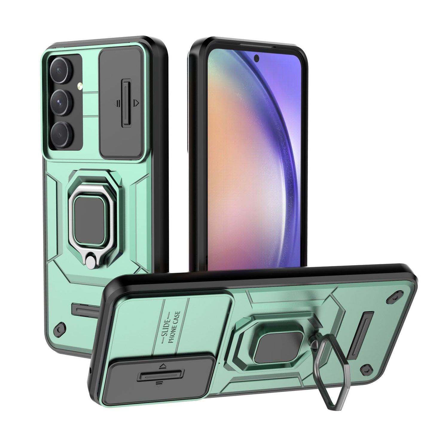 Samsung Galaxy A55 5G Heavy Duty Shockproof Case with Built in Slide Camera Lens Cover and Kickstand, Green