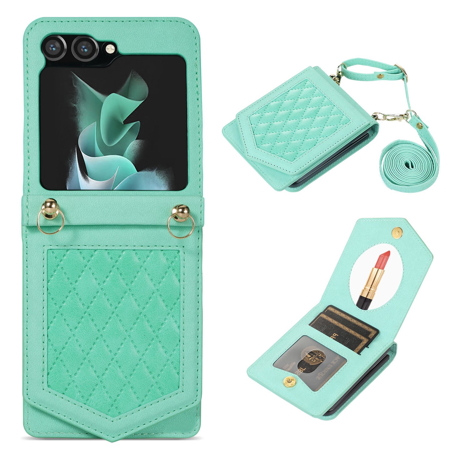 Crossbody Wallet Case with Makeup Mirror for Samsung Galaxy Z Flip6, Green