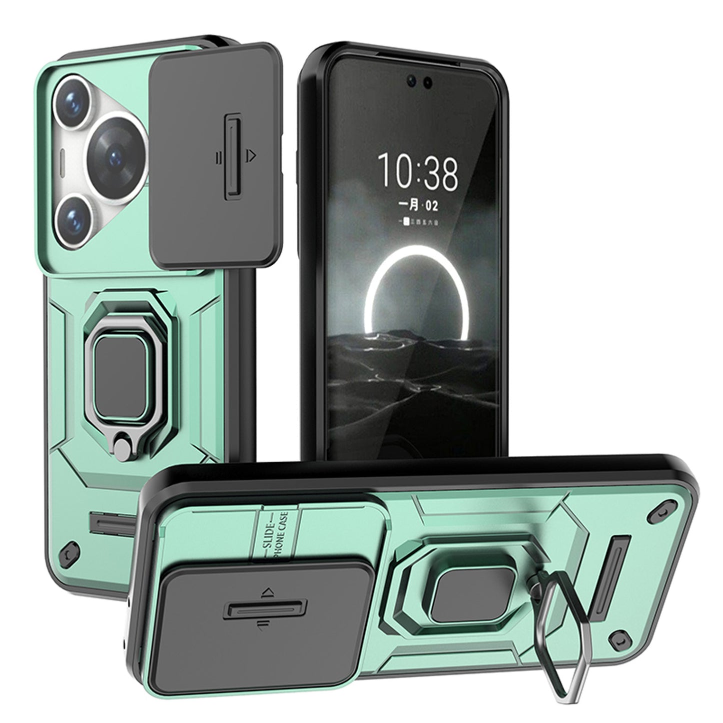 Huawei Pura 70 Pro Heavy Duty Shockproof Case with Built in Slide Camera Lens Cover and Kickstand, Green