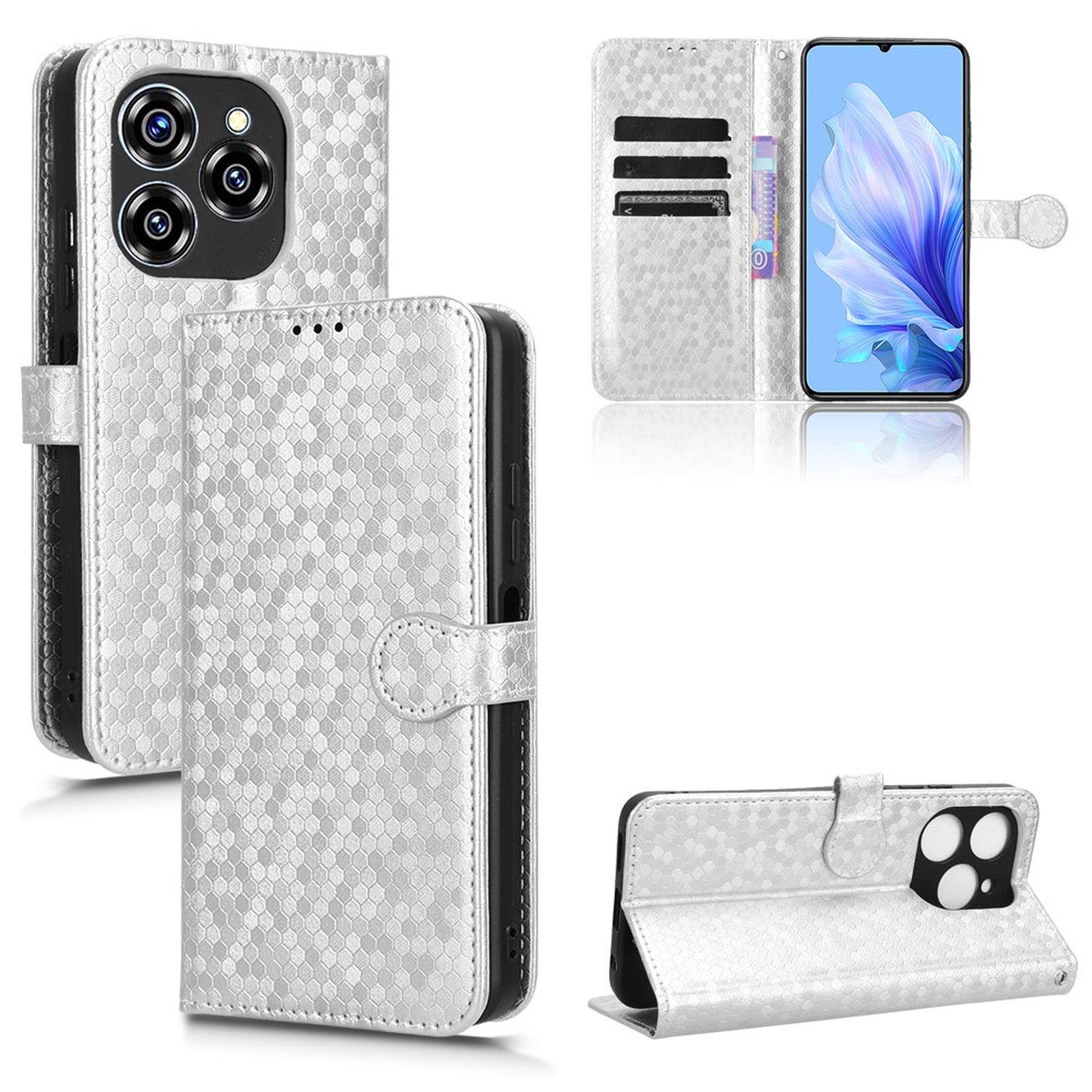 Slim Flip Polka-Dots Phone Case with Card Holder for Oukitel C50, Silver