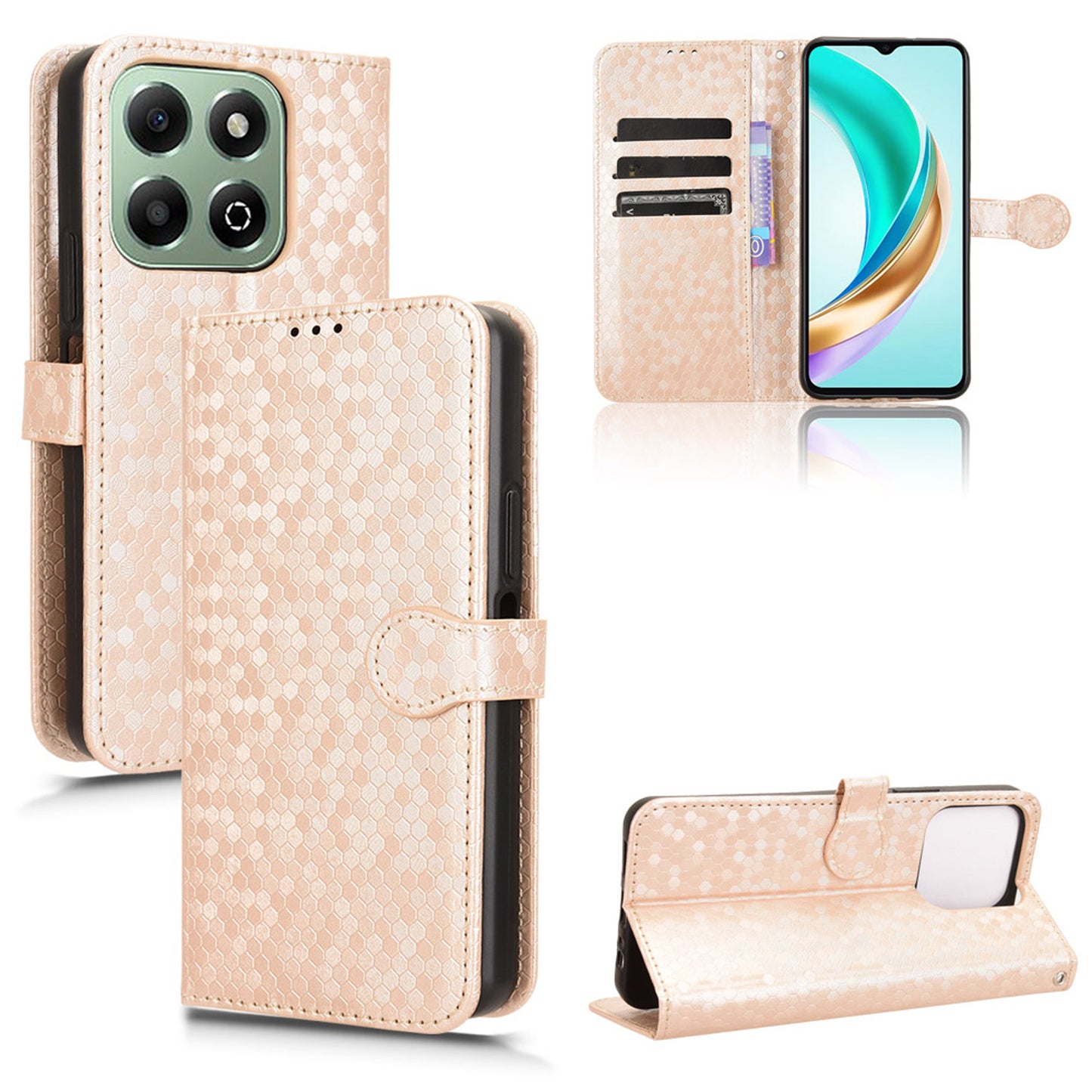 Slim Flip Polka-Dots Phone Case with Card Holder for Honor X6b, Rose Gold