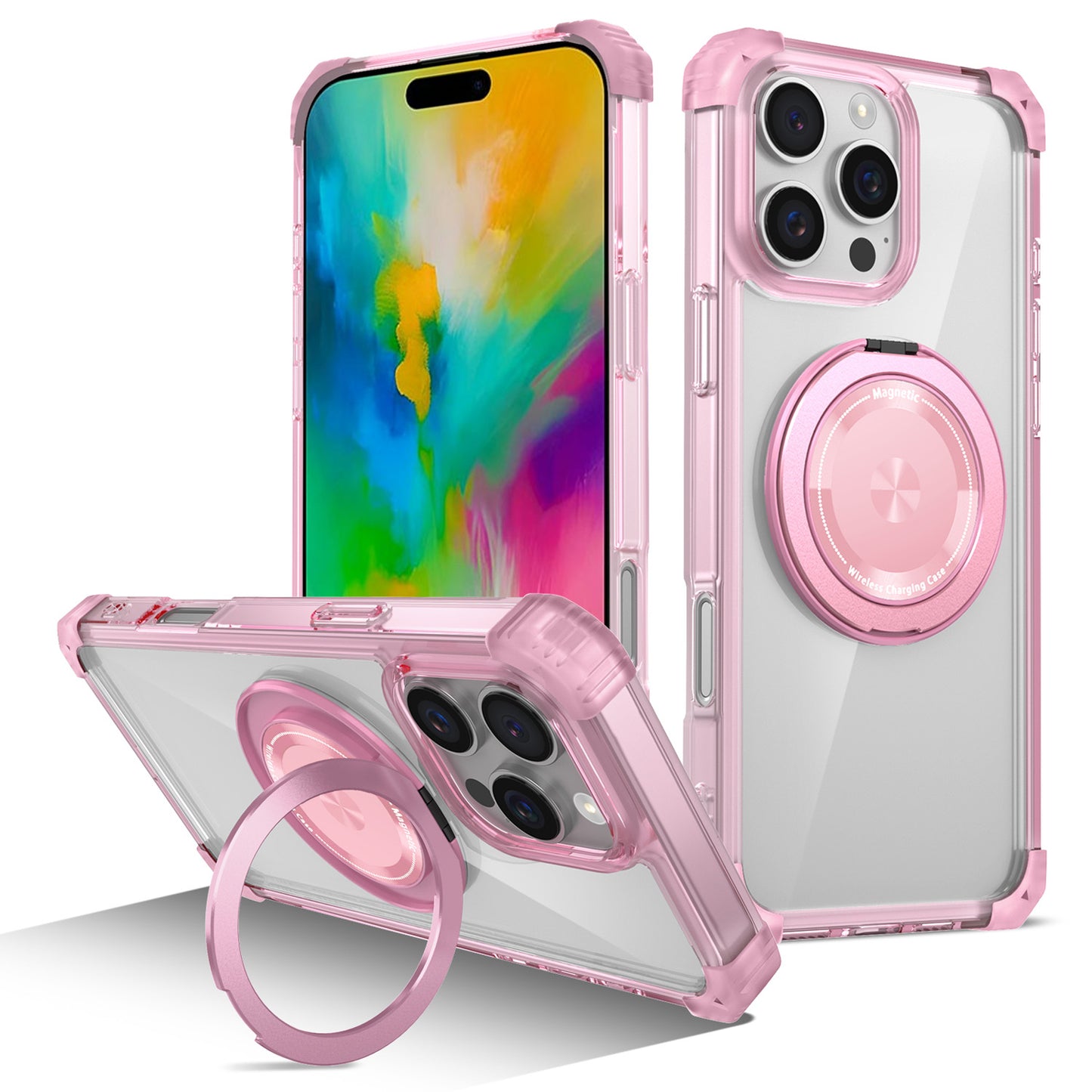 iPhone 16 Pro Max Case, Built in 360¡ã Magnetic Stand, Compatible with Magsafe, Pink