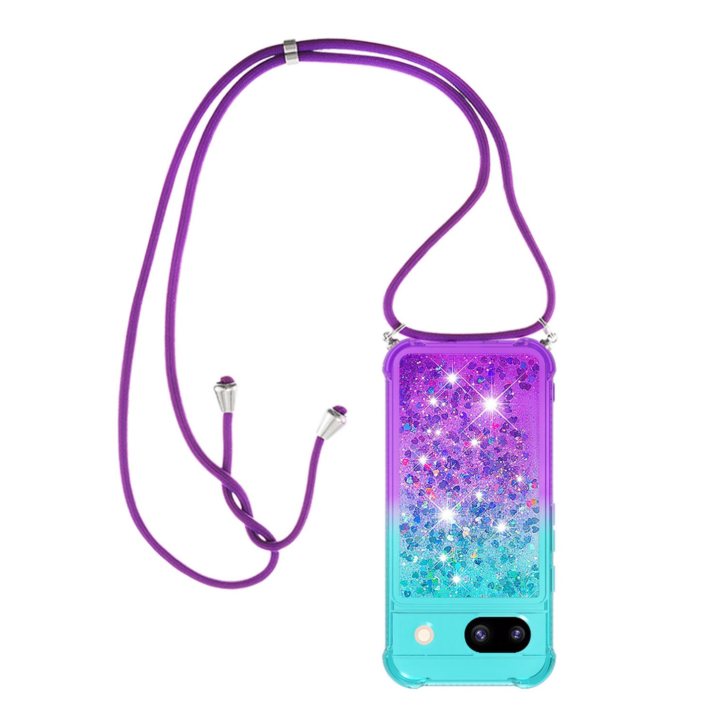 Google Pixel 8A Gradient Quicksand Liquid Shockproof Case with Adjustable Lanyard, PINK&B&LANYARD