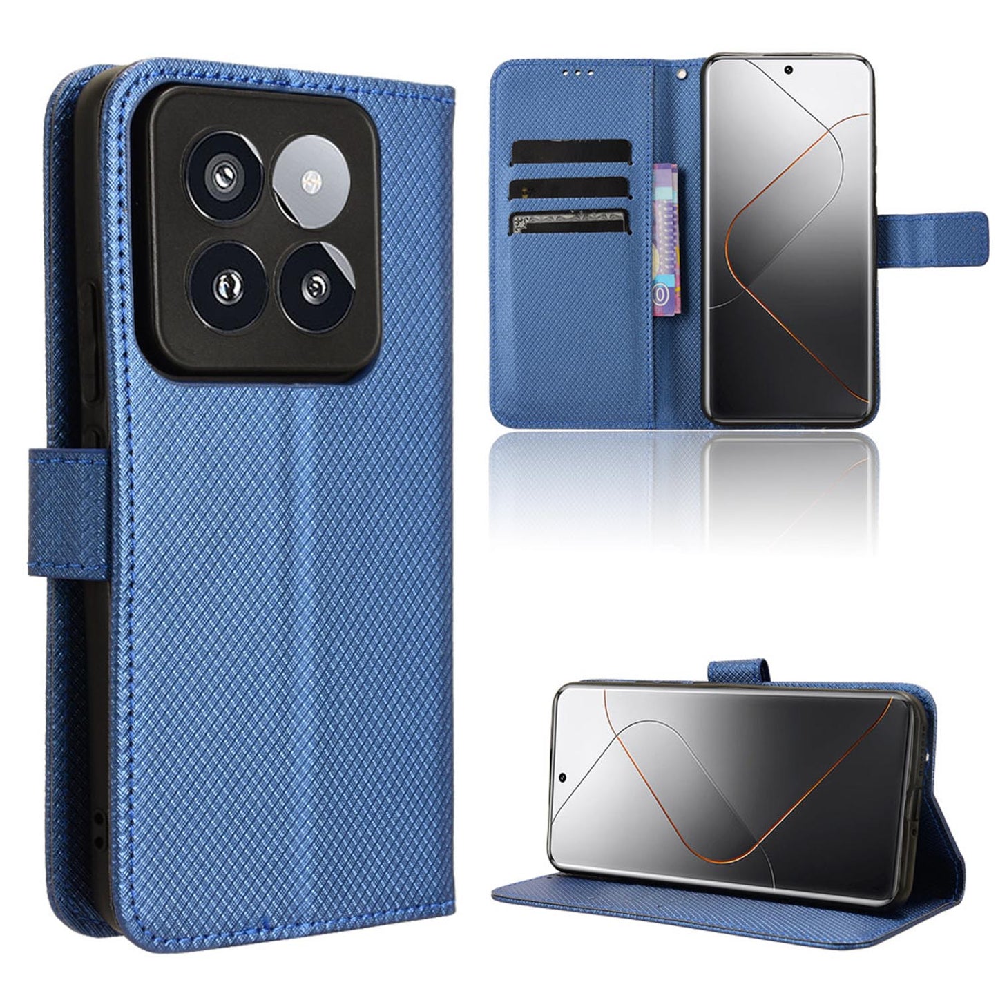 Wallet Case with Credit Card Holder PU Leather Flip Folio Phone Cover for Xiaomi 14 Pro, Blue