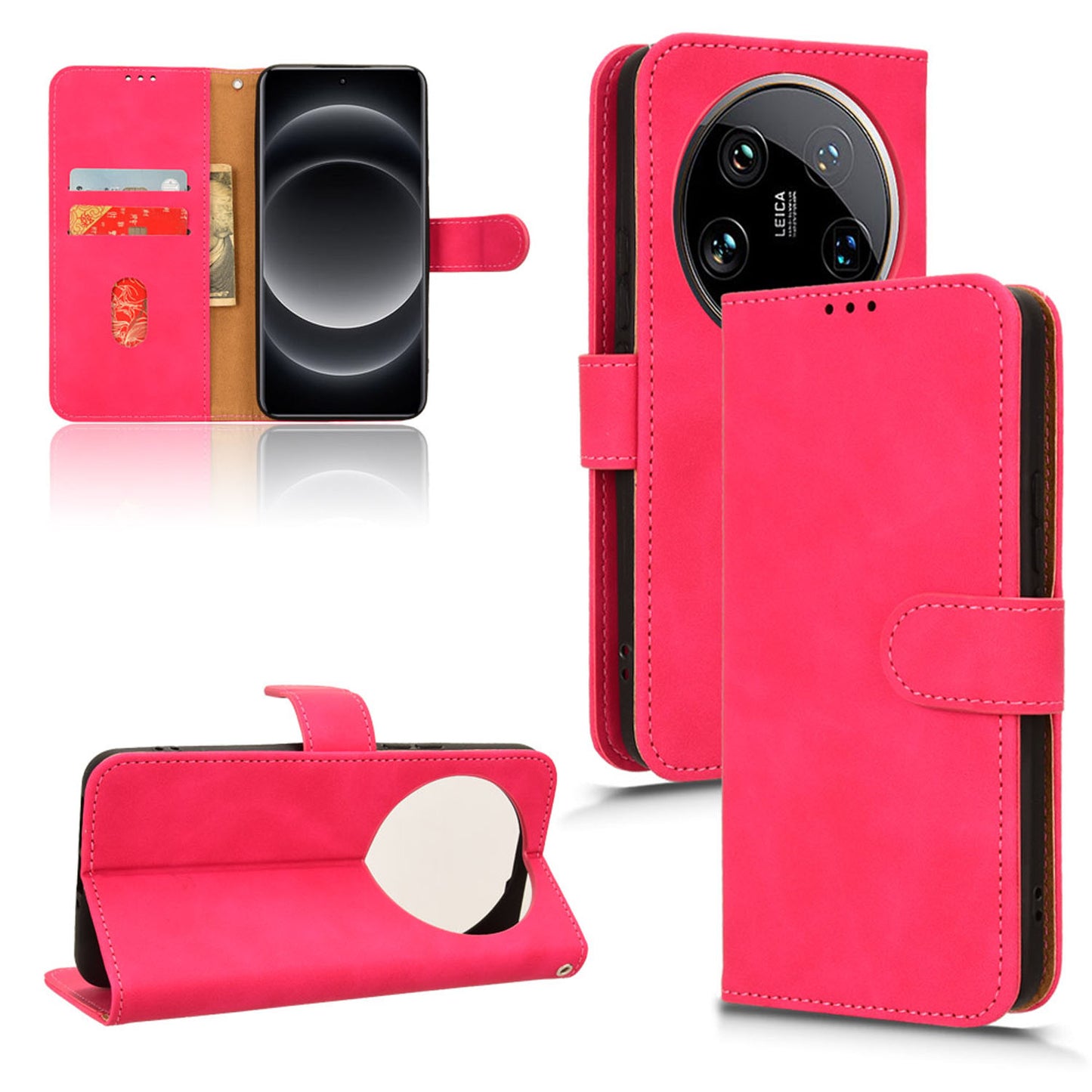 Wallet Case with Card Holder Flip Magnetic Protective Cover for Xiaomi 14 Ultra, Pink