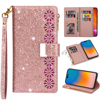 Glitter Leather Wallet Case for iPhone 16, Rose Gold