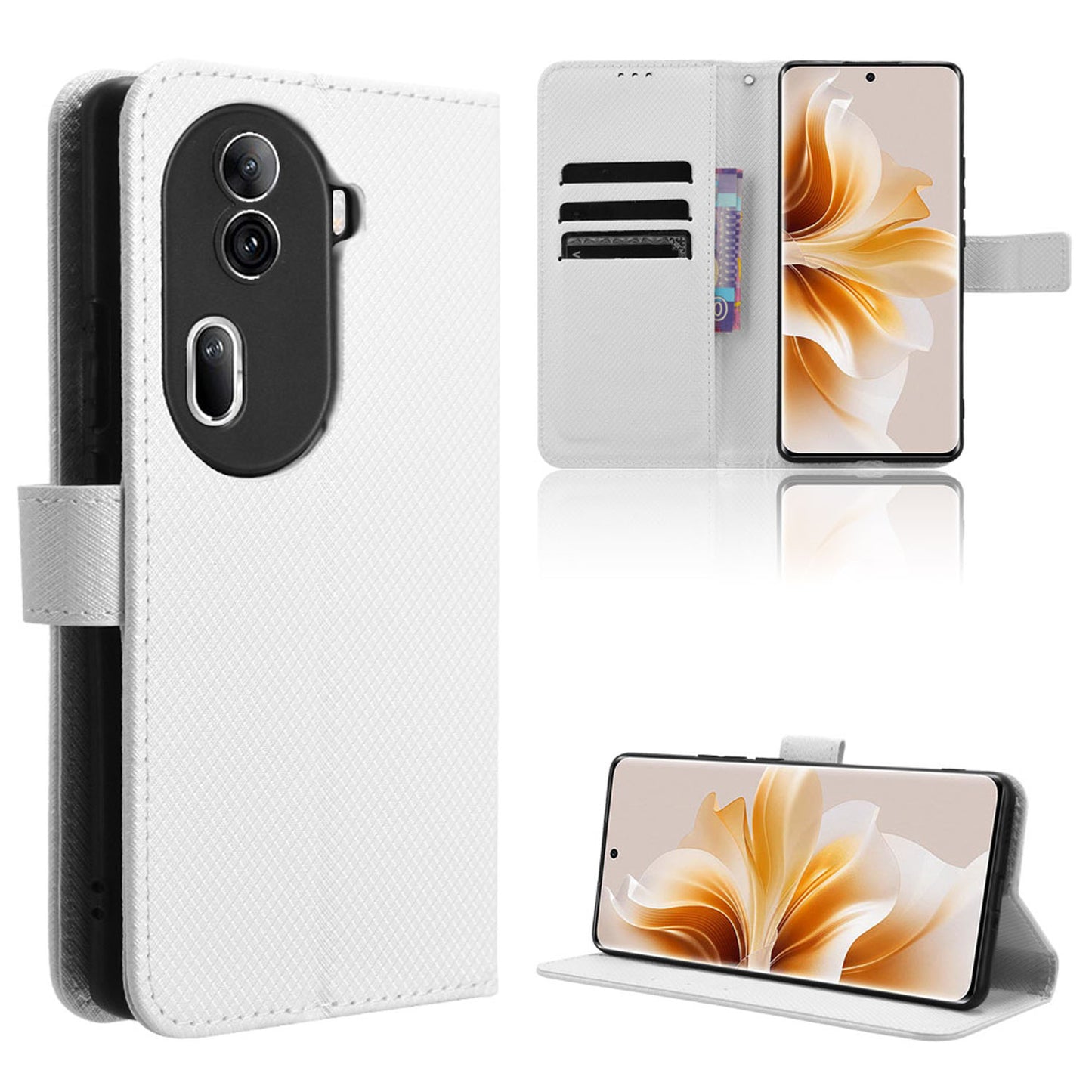 Wallet Case with Credit Card Holder PU Leather Flip Folio Phone Cover for OPPO Reno11 Pro 5G, White