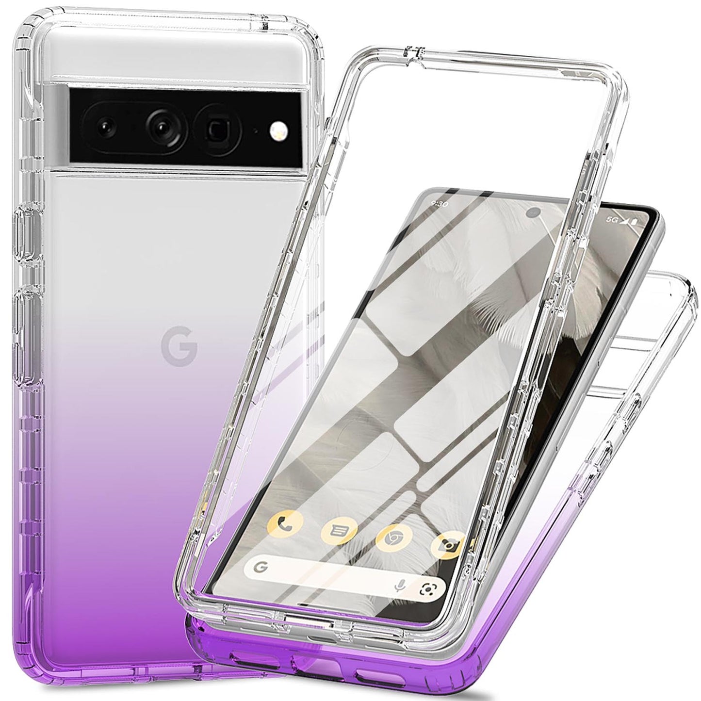 Gradient Clear Shockproof Full Body Case with Built-in Screen Protector Cover for Google Pixel 8 Pro, HALF-PURPLE