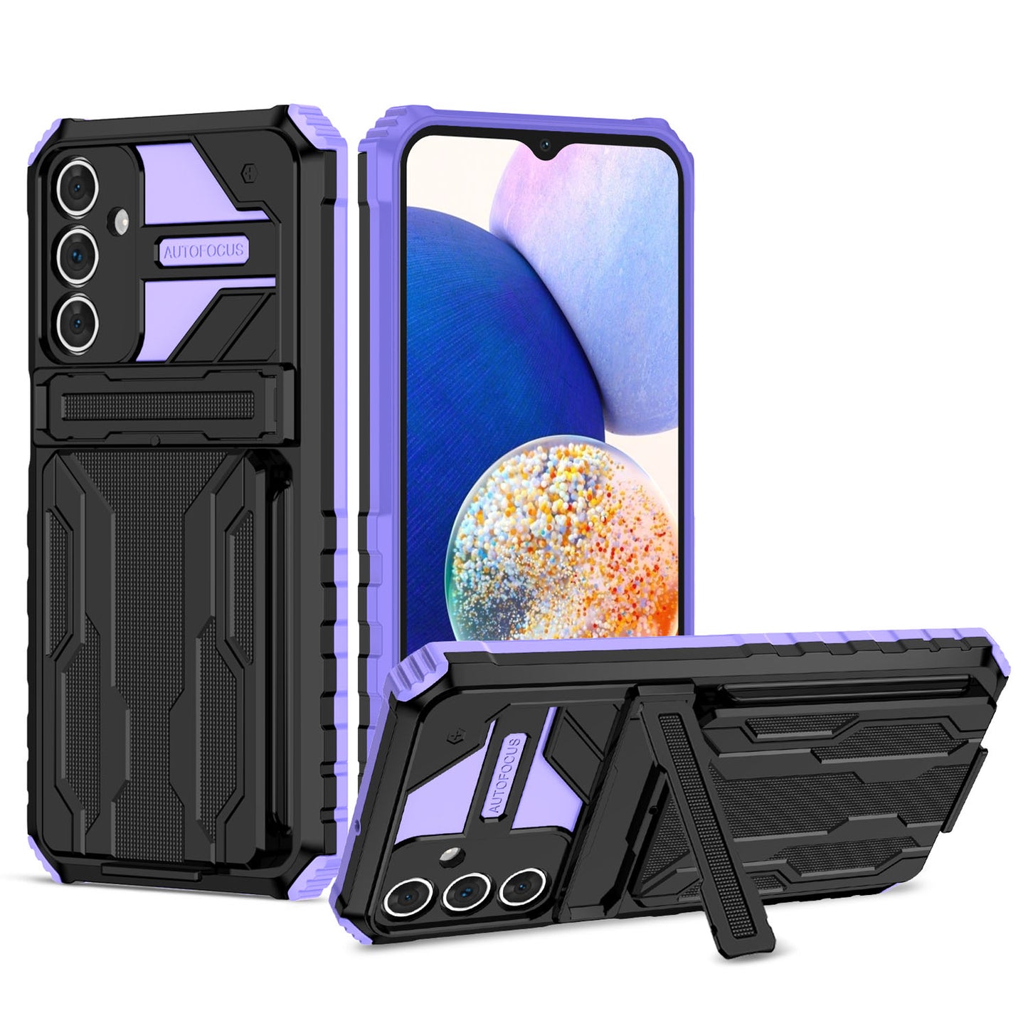 Detachable Card Holder Case with Kickstand Heavy Duty Cover for Samsung Galaxy A15 5G, Purple