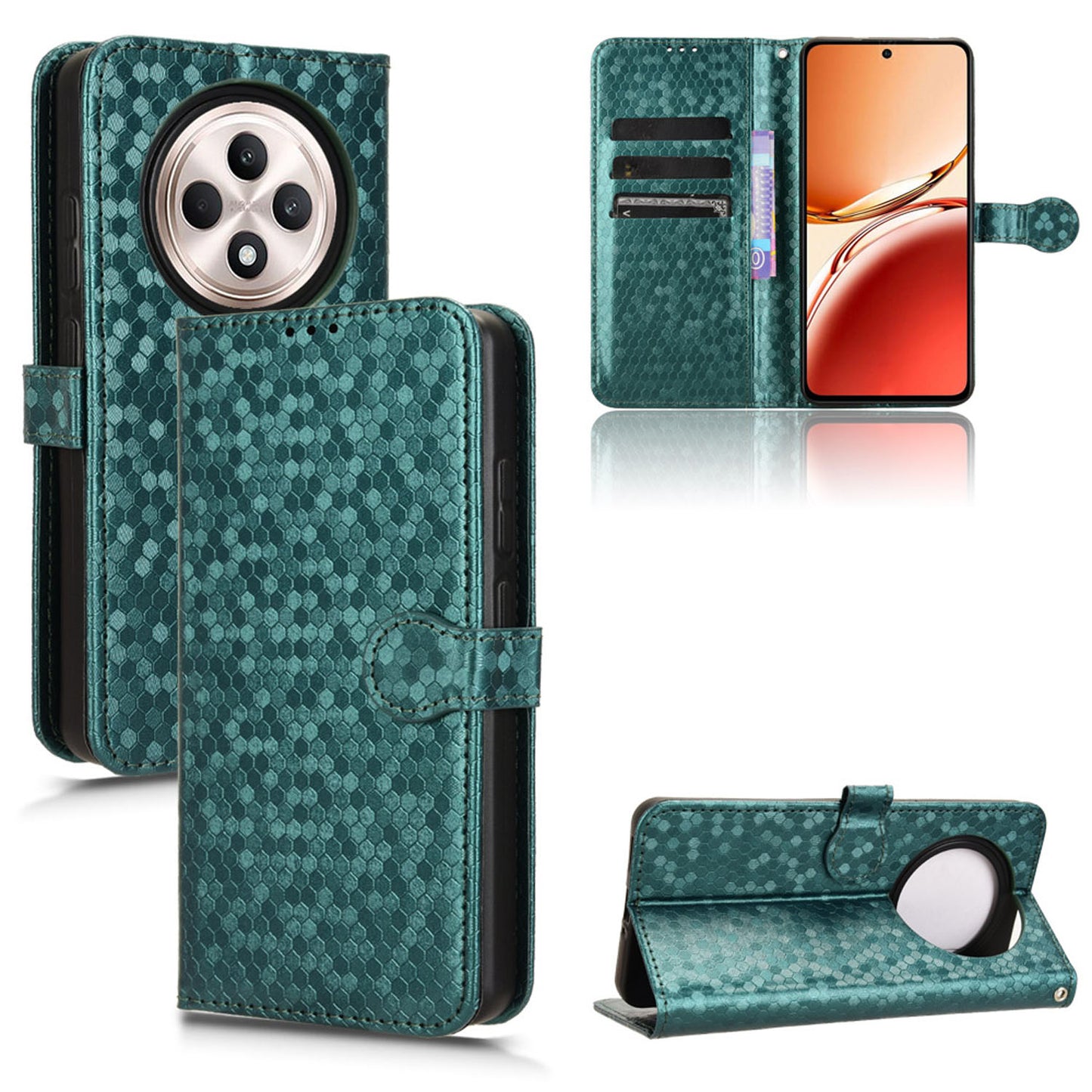 Slim Flip Polka-Dots Phone Case with Card Holder for OPPO Reno12 F 5G, Green