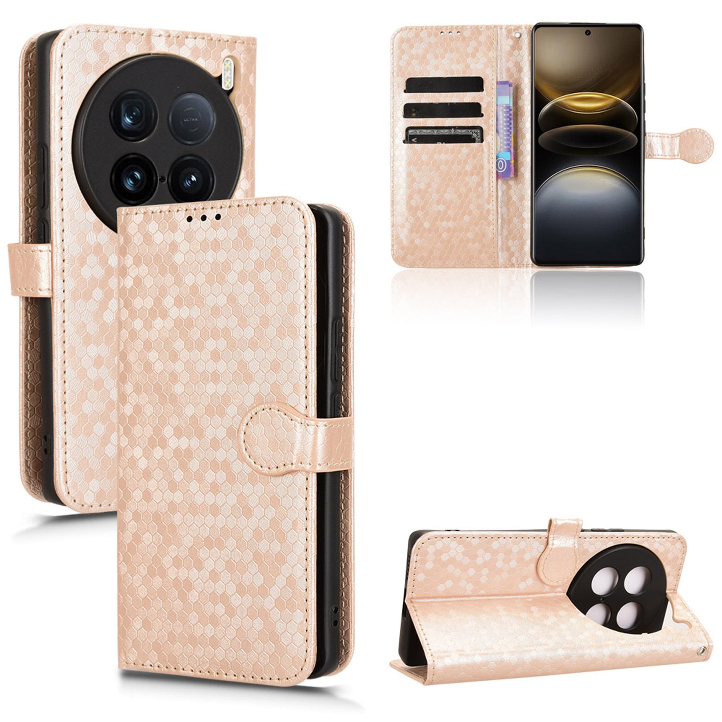 Slim Flip Polka-Dots Phone Case with Card Holder for VIVO X100 Ultra, Rose Gold