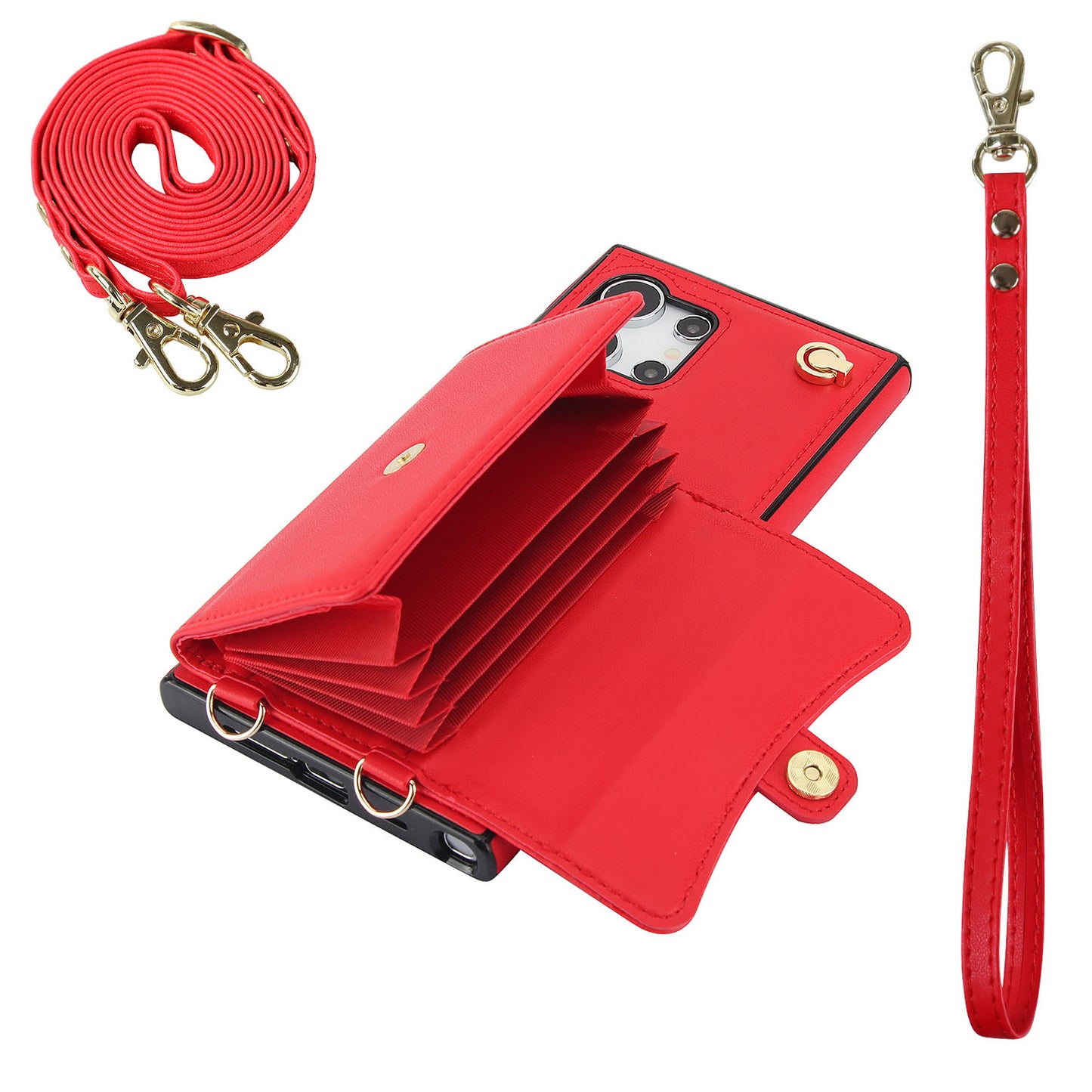 Crossbody Leather Detachable Adjustable Strap Wristlet Flip Case for Samsung Galaxy S24 Ultra, Red