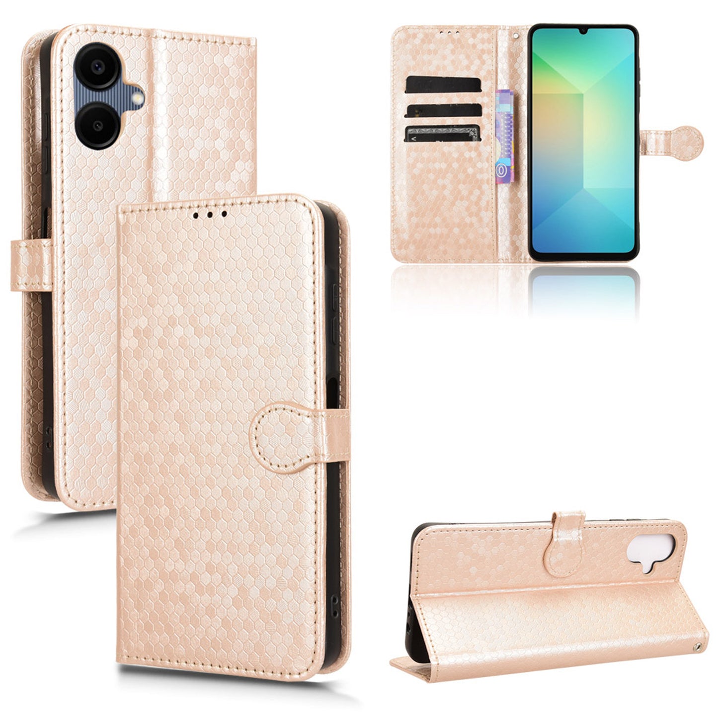 Slim Flip Polka-Dots Phone Case with Card Holder for Samsung Galaxy A06, Rose Gold