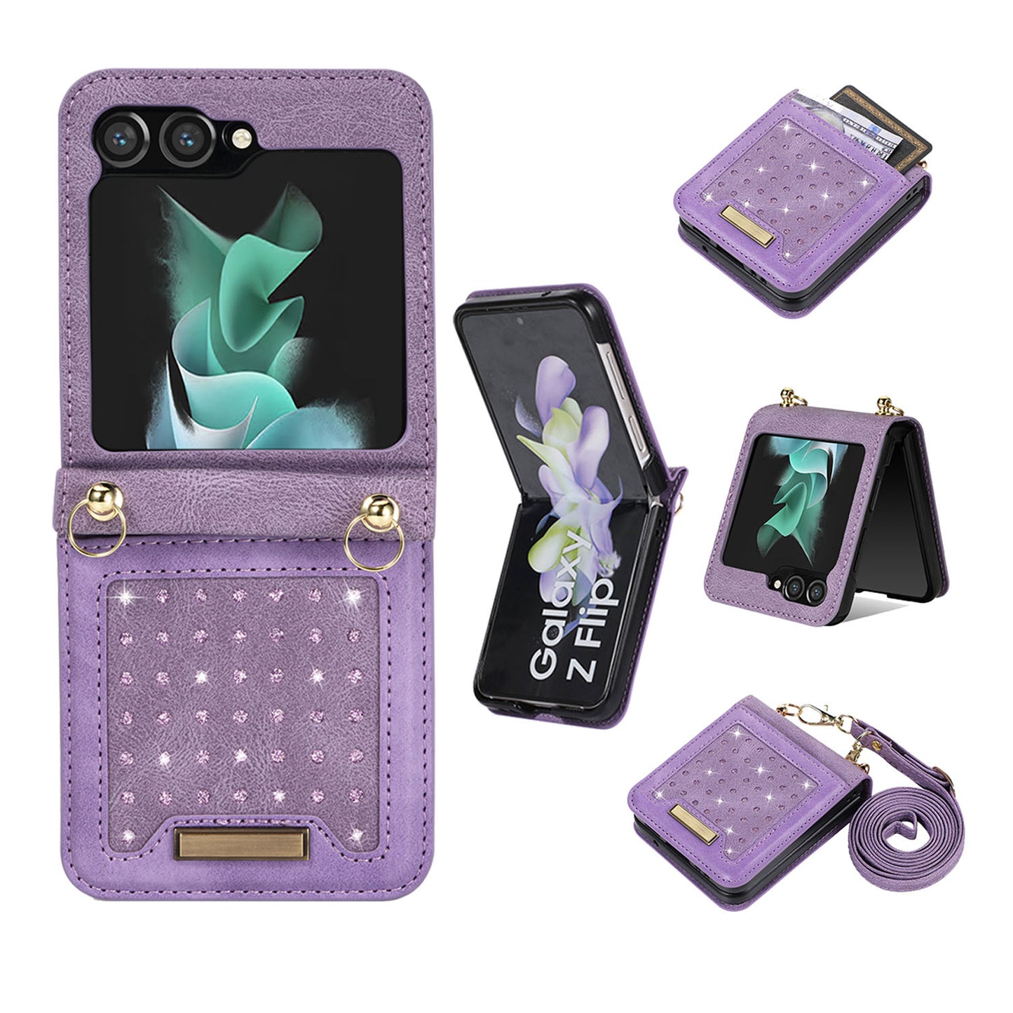 Crossbody Strap Bling Glitter Leather Flip Case for Samsung Galaxy Z Flip6, Purple