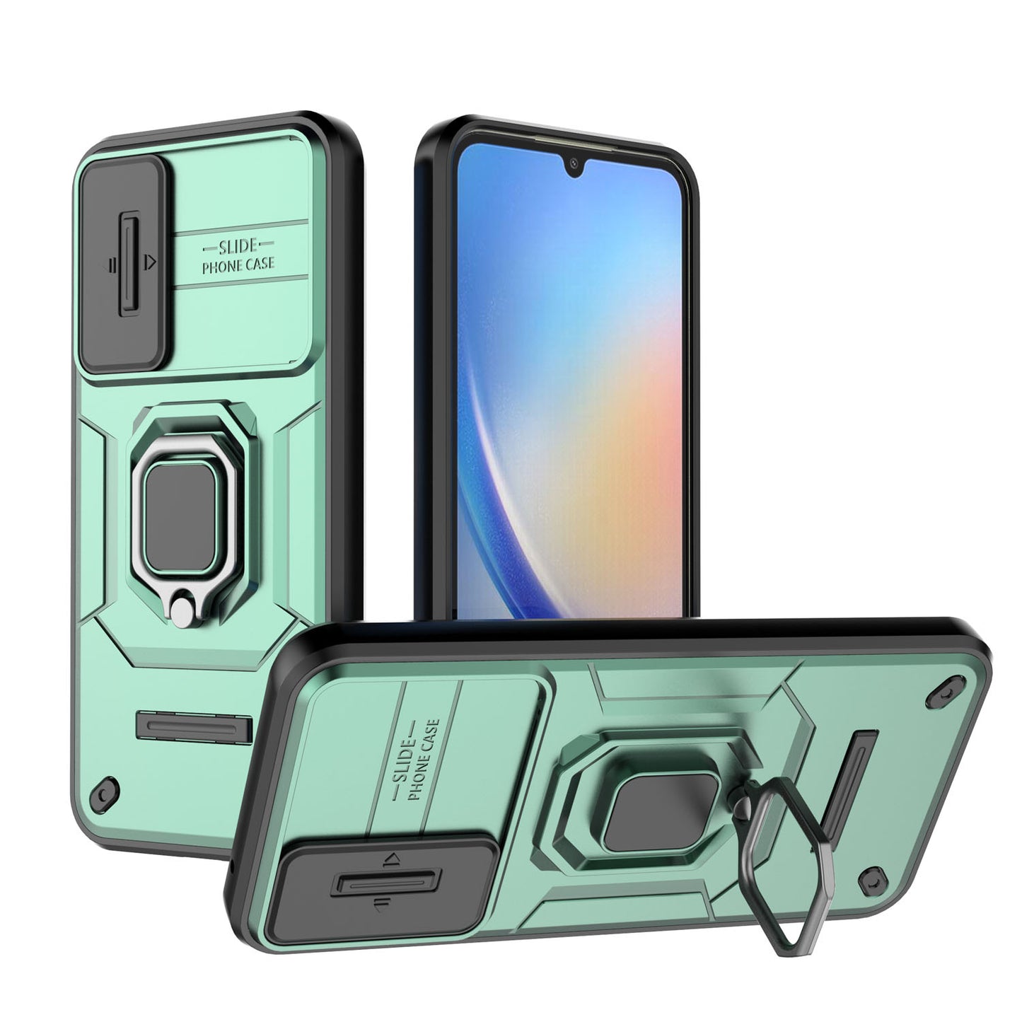 Samsung Galaxy A34 5G Heavy Duty Shockproof Case with Built in Slide Camera Lens Cover and Kickstand, Green