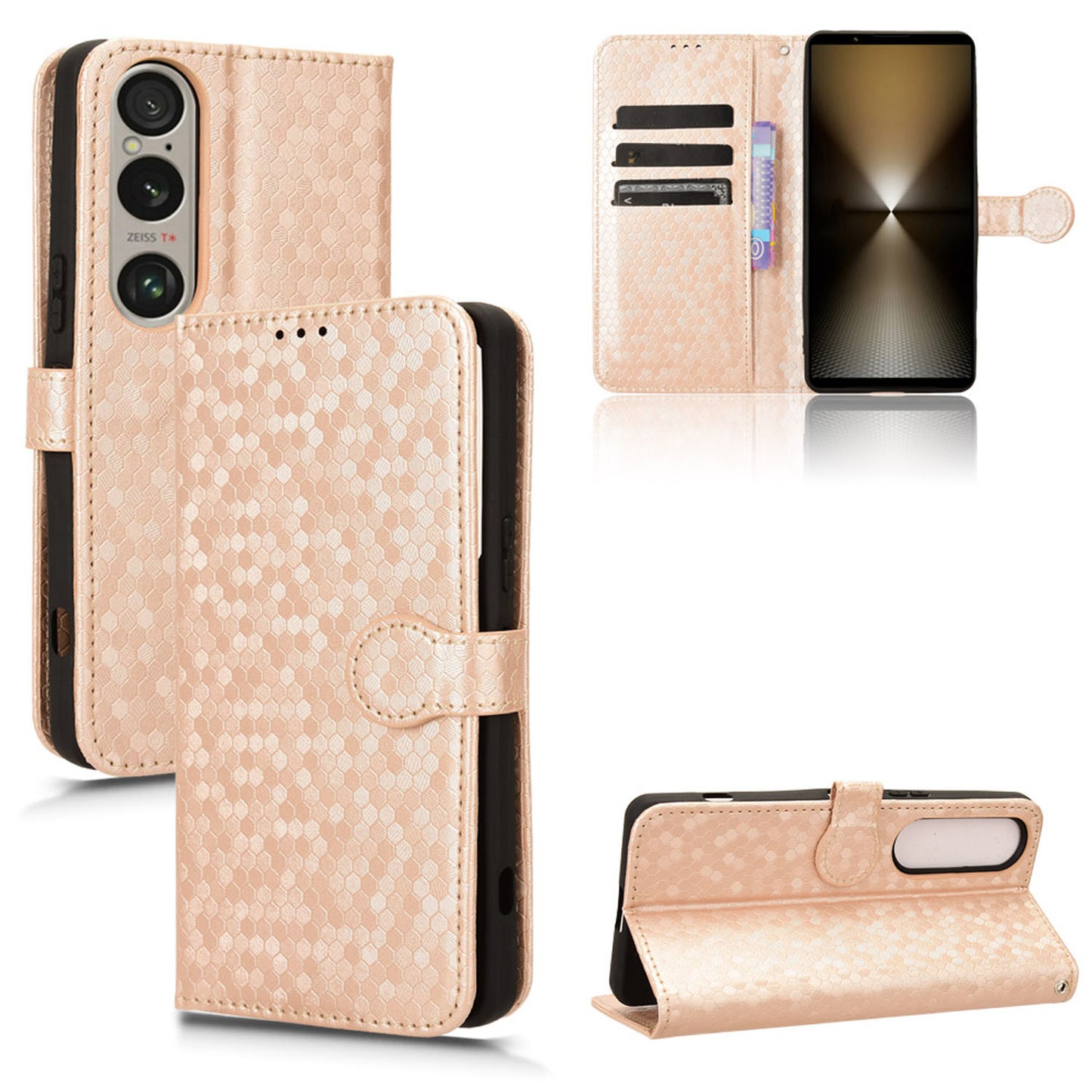 Slim Flip Polka-Dots Phone Case with Card Holder for Sony Xperia 1 VI 2024, Rose Gold