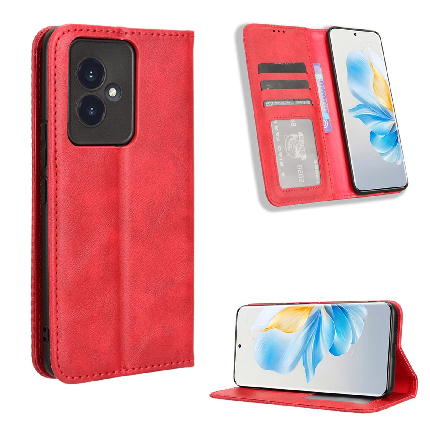 Honor 100 Flip Folio Case with Card Holder Hidden Magnetic, Red