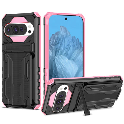 Detachable Card Holder Case with Kickstand Heavy Duty Cover for Google Pixel 9 Pro, Pink