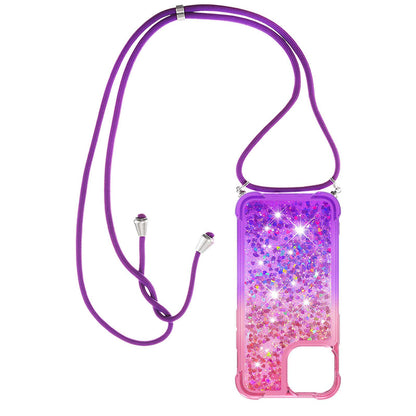 iPhone 13 Gradient Quicksand Liquid Shockproof Case with Adjustable Lanyard, PINK&P&LANYARD