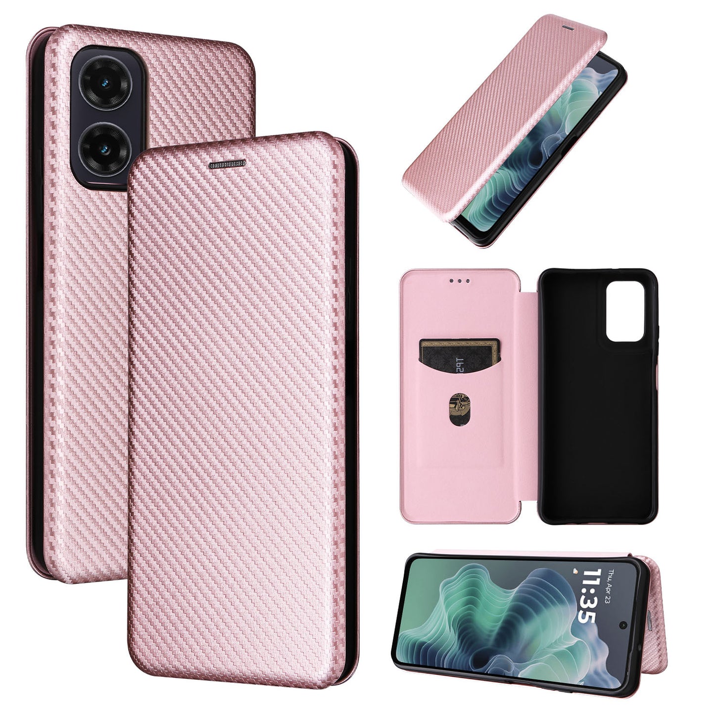 Carbon Fiber Flip Case for Moto G35 5G, Rose Gold