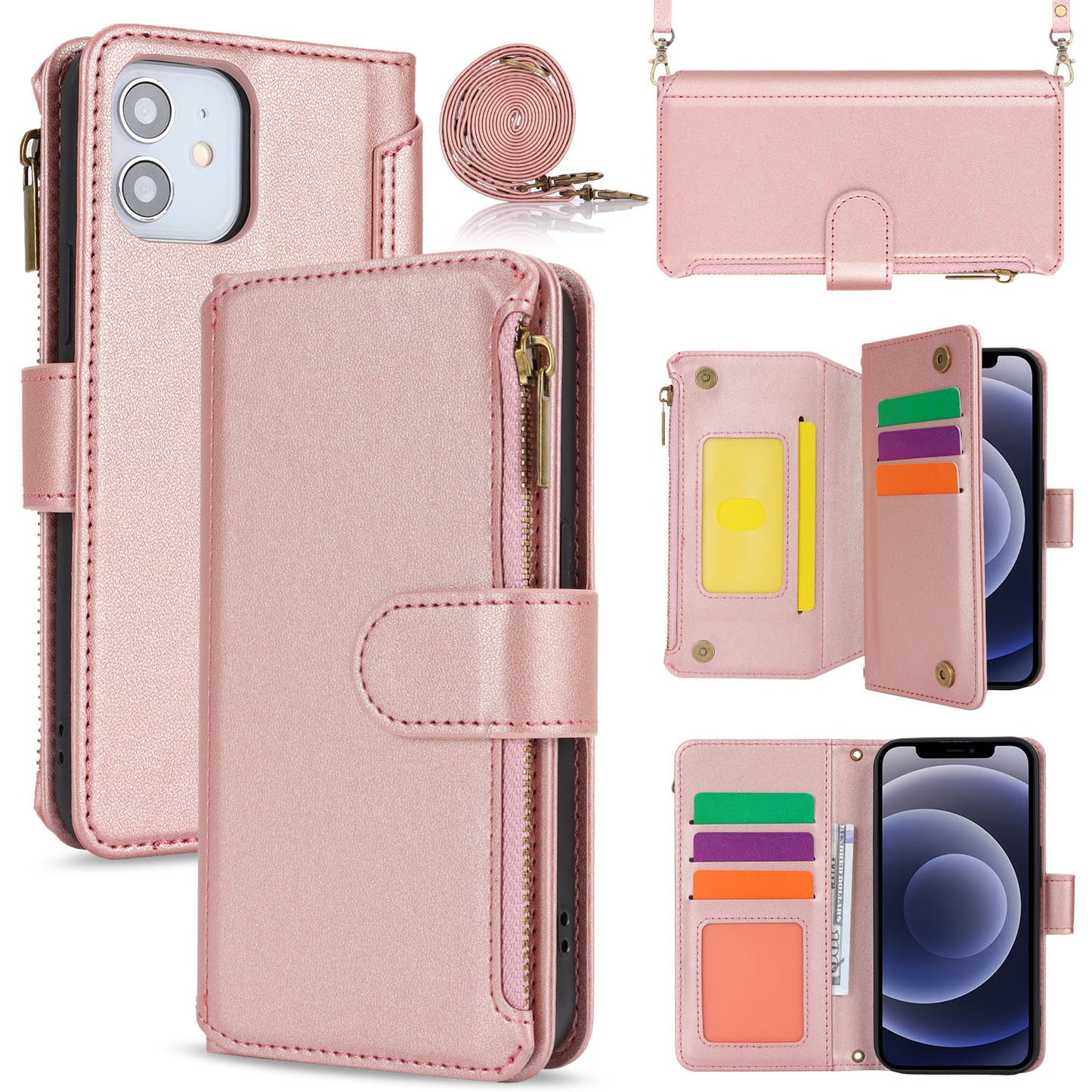 for iPhone 12 Wallet Case with RFID Blocking, Rose Gold