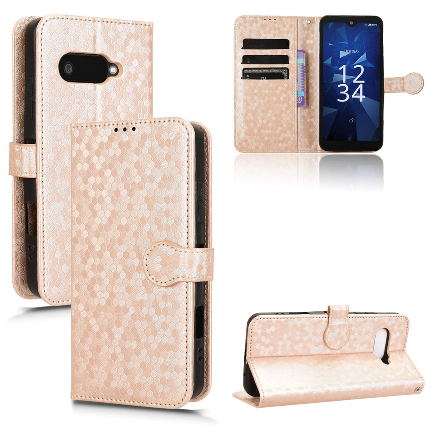 Slim Flip Polka-Dots Phone Case with Card Holder for Kyocera Digno SX4 5G, Rose Gold