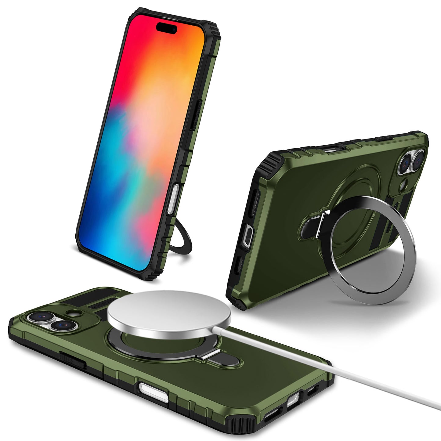 iPhone 16 Case with Magnetic Invisible Kickstand, Compatible with MagSafe, Green