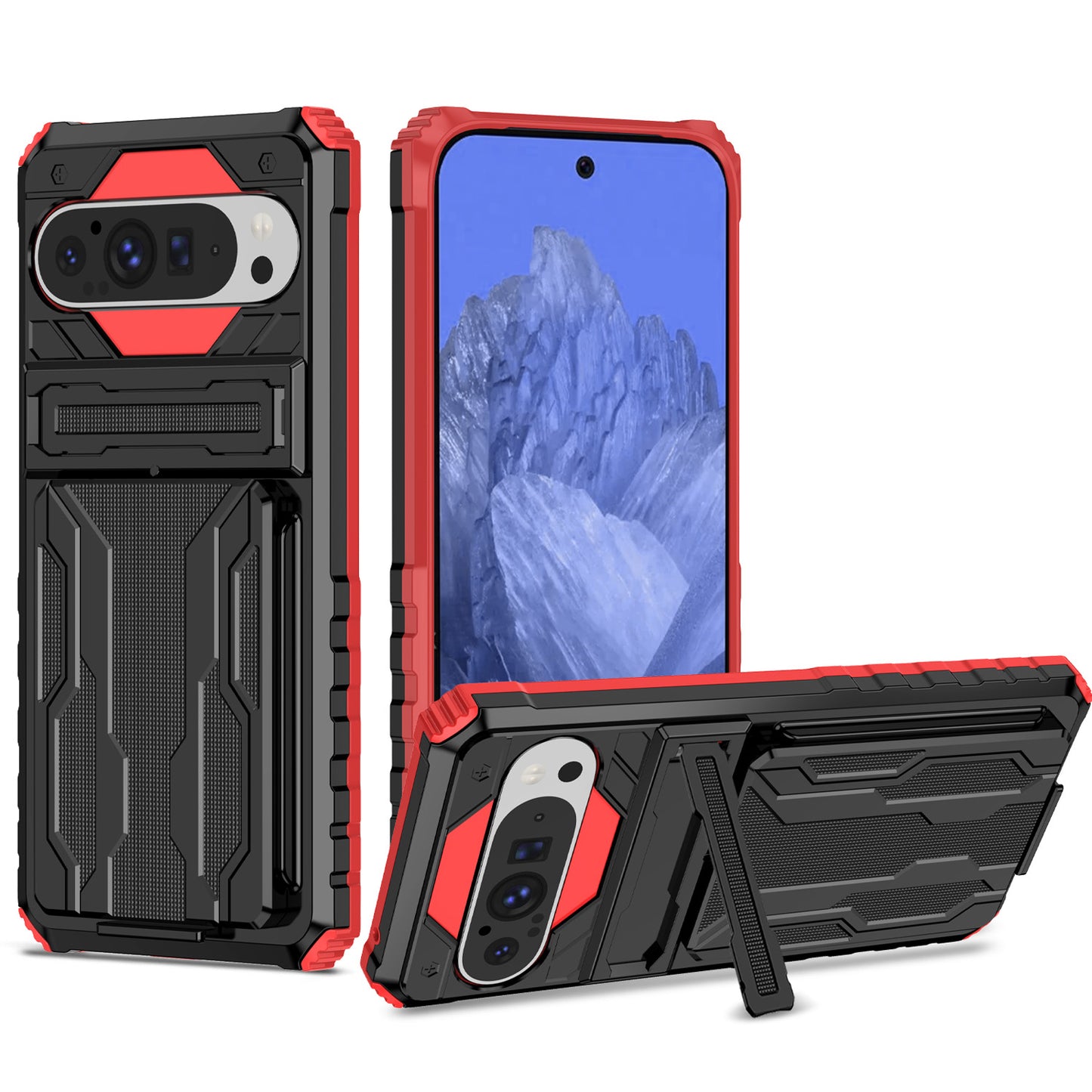 Detachable Card Holder Case with Kickstand Heavy Duty Cover for Google Pixel 9 Pro XL, Red