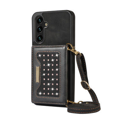 Crossbody Strap Bling Glitter Leather Flip Case for Samsung Galaxy S24+, Black