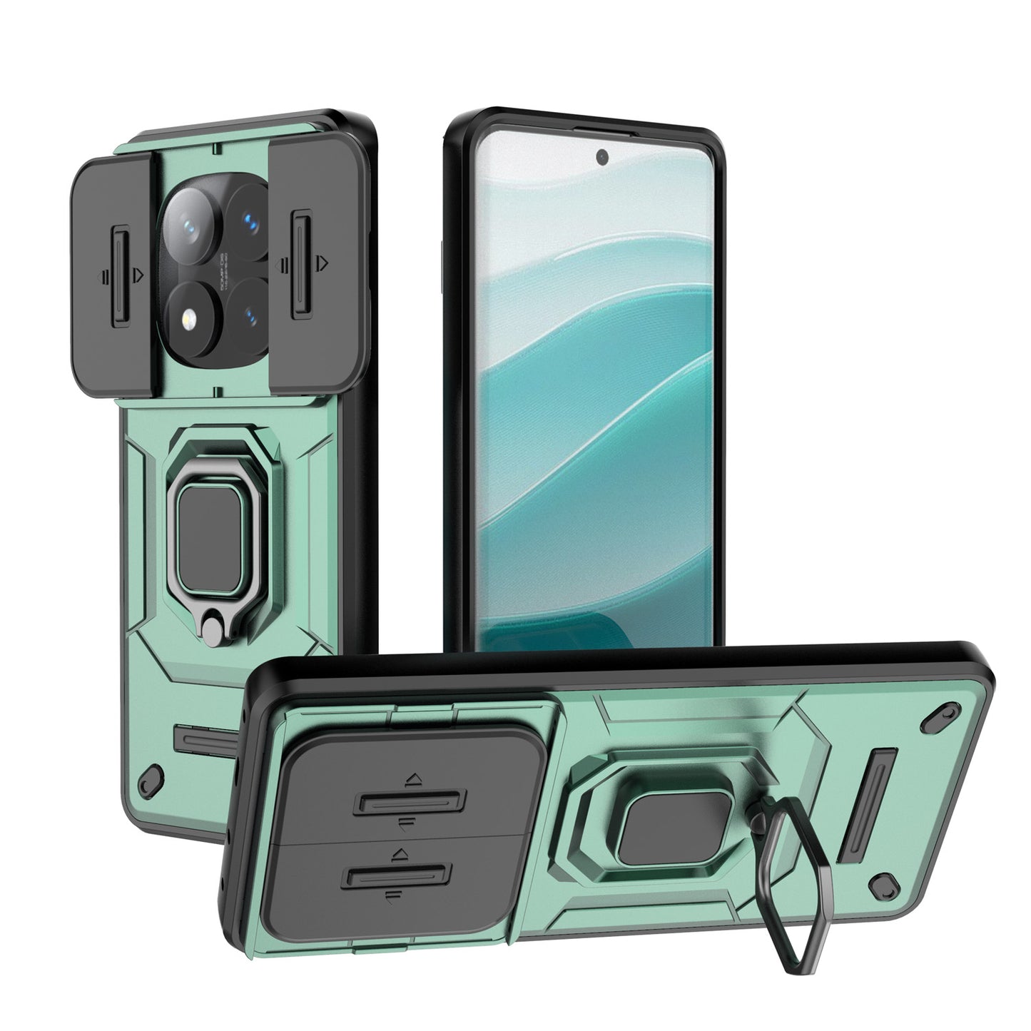 Redmi Note 14 Pro 5G Heavy Duty Shockproof Case with Built in Slide Camera Lens Cover and Kickstand, Green