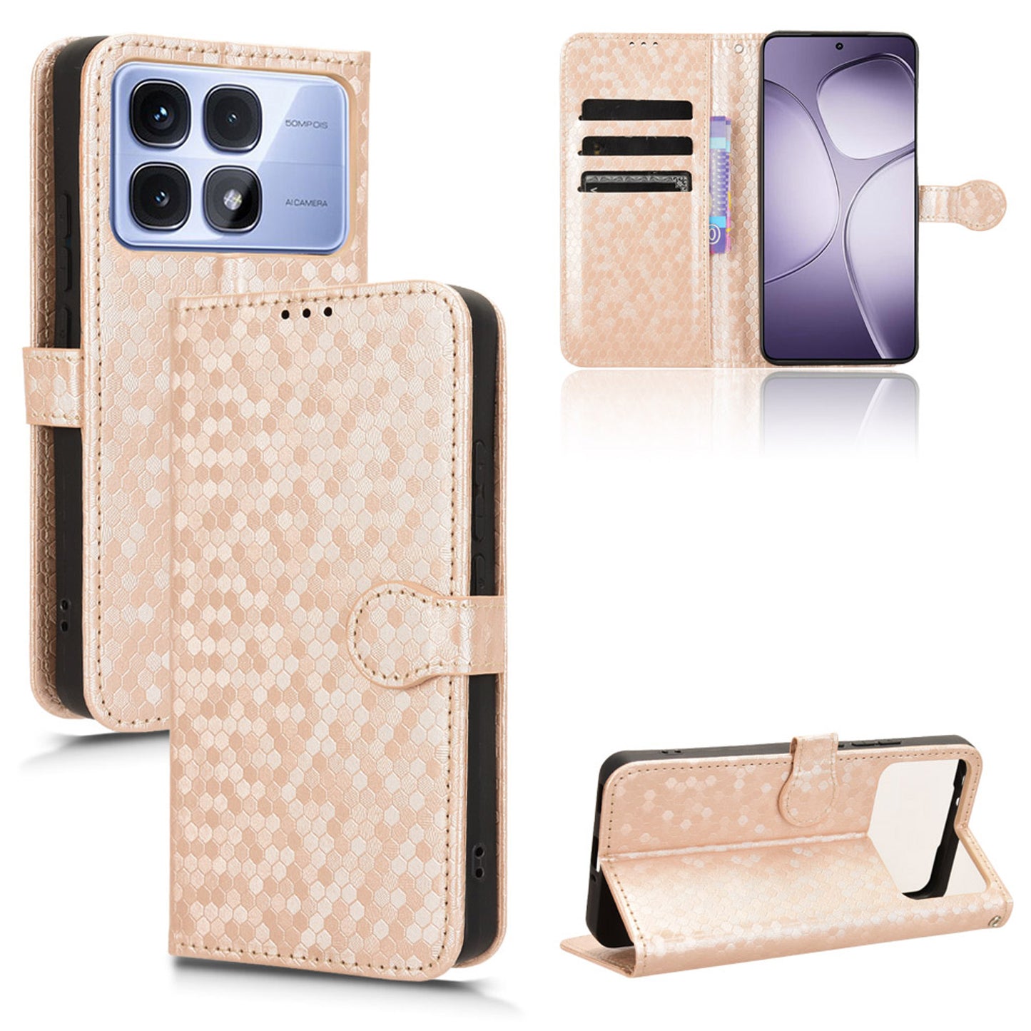 Slim Flip Polka-Dots Phone Case with Card Holder for Redmi K70 Ultra, Rose Gold