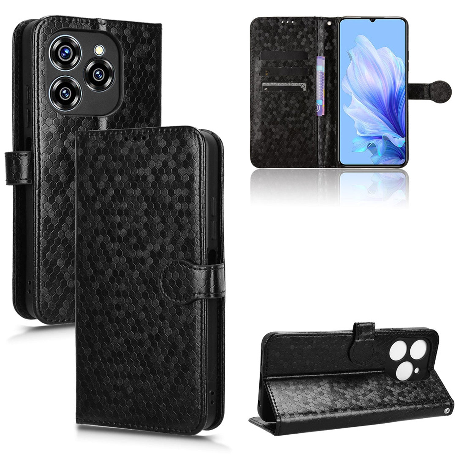 Slim Flip Polka-Dots Phone Case with Card Holder for Oukitel C50, Black