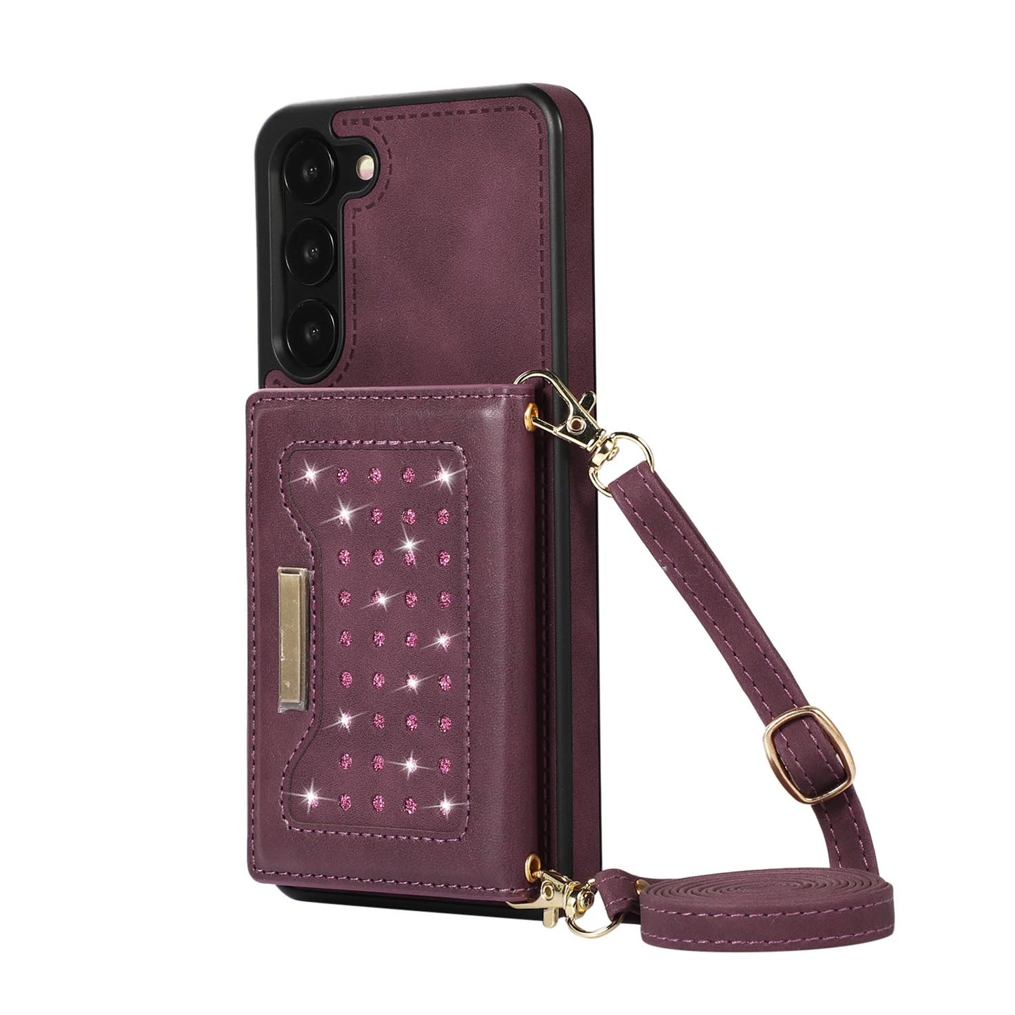 Crossbody Strap Bling Glitter Leather Flip Case for Samsung Galaxy S23+, Red