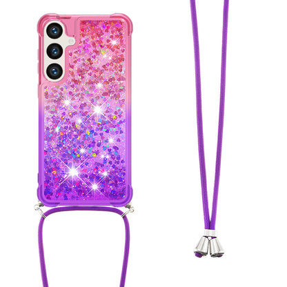 Samsung Galaxy S24 FE Gradient Quicksand Liquid Shockproof Case with Adjustable Lanyard, PINK&P&LANYARD