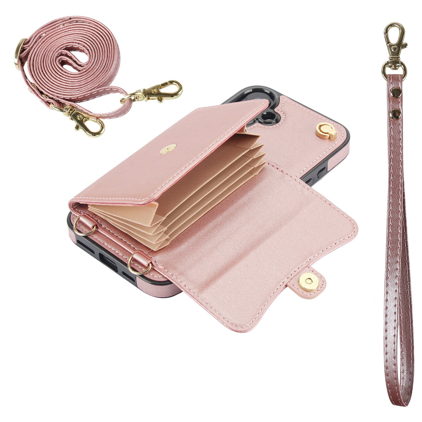 Crossbody Leather Detachable Adjustable Strap Wristlet Flip Case for iPhone 16 Plus, Rose Gold