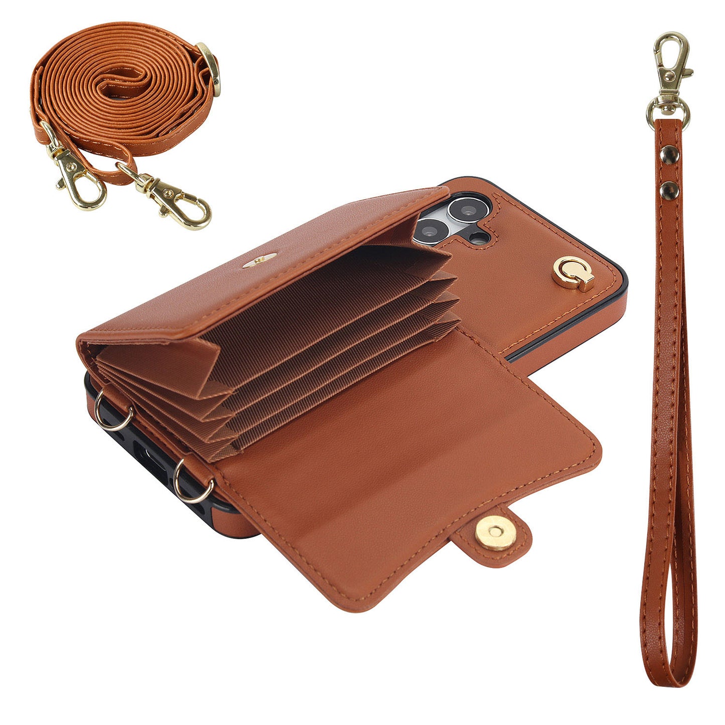 Crossbody Leather Detachable Adjustable Strap Wristlet Flip Case for Samsung Galaxy S24+, Brown