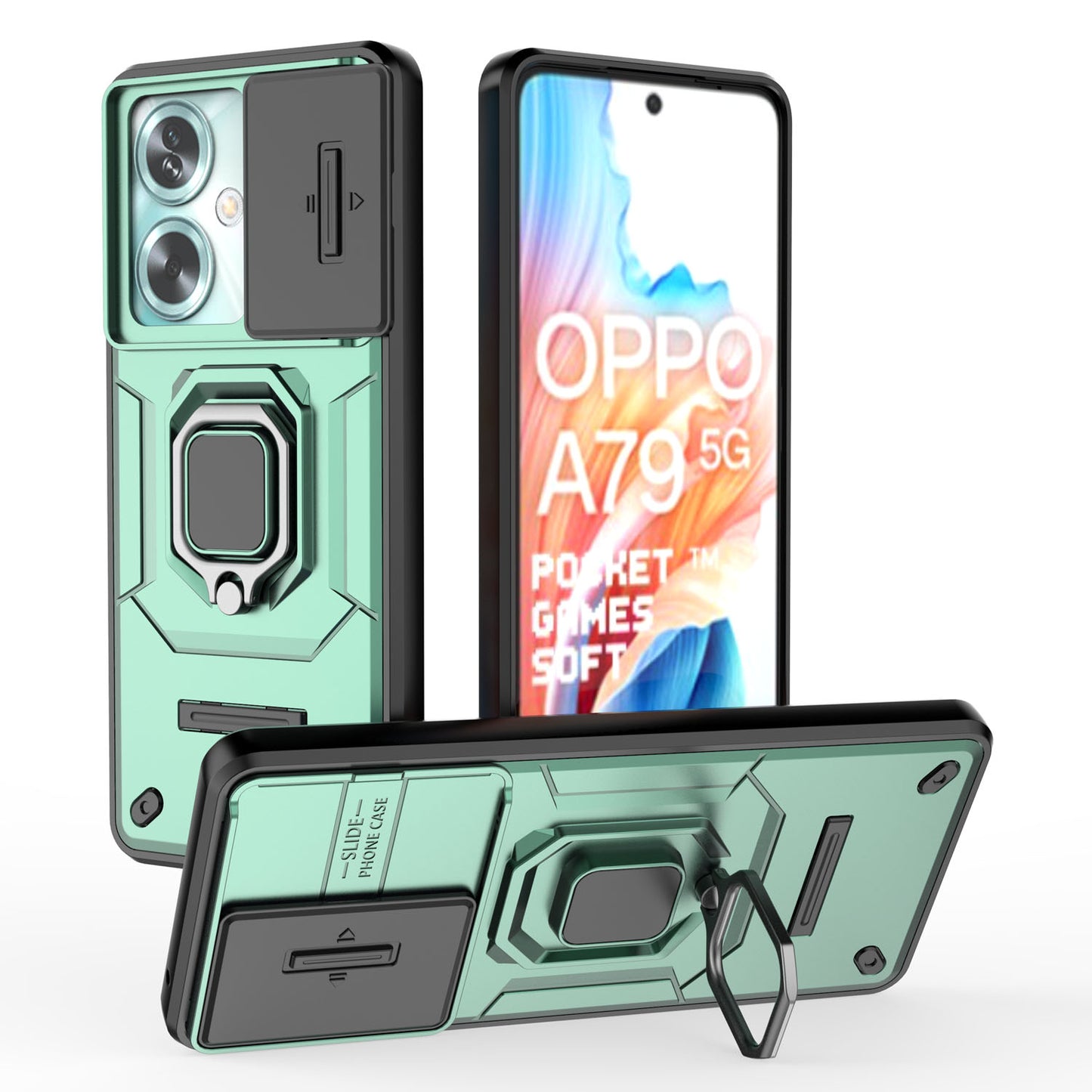 OPPO A79 5G Heavy Duty Shockproof Case with Built in Slide Camera Lens Cover and Kickstand, Green